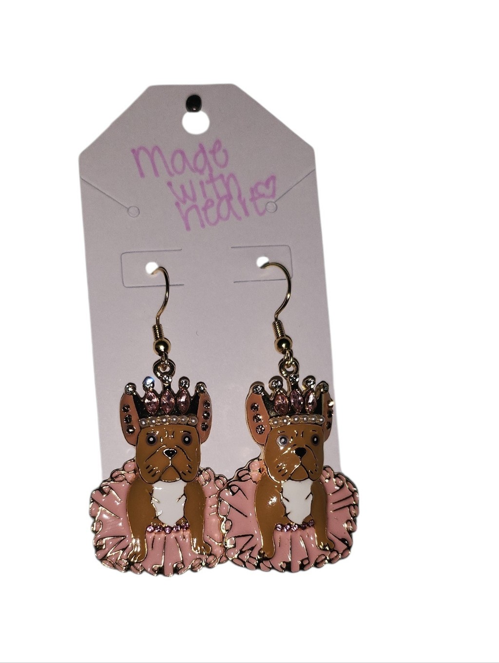 Pink Tutu French Bulldog Puppy Tiara Drop Earrings